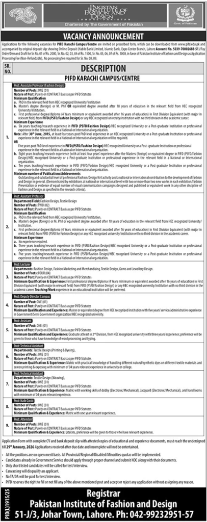 PIFD Karachi Jobs 2026, Pakistan Institute of Fashion And Design