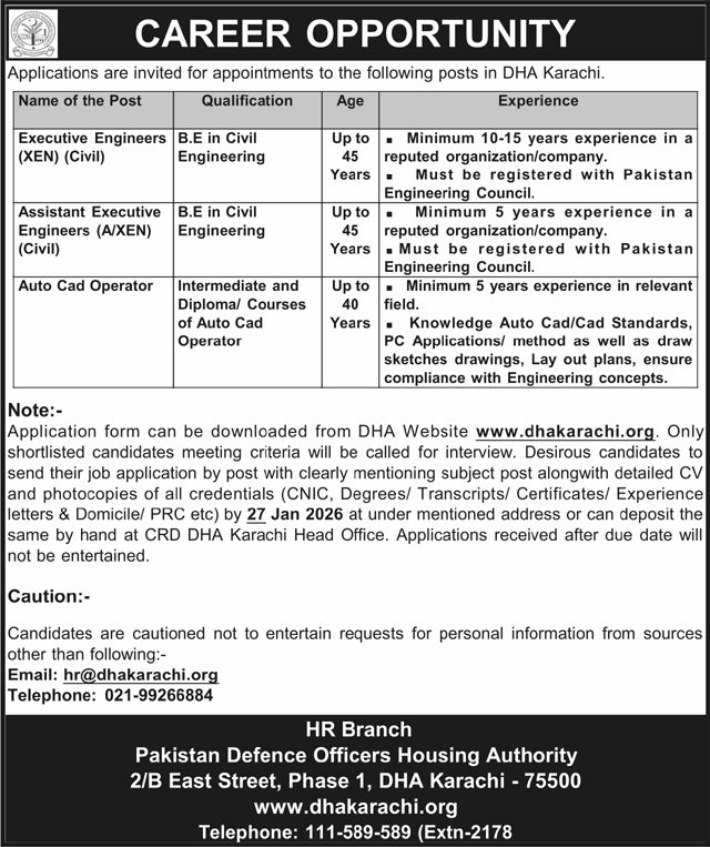 Pakistan Defence Officers Housing Authority Karachi Jobs 2026