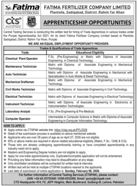 FFCL Lahore Jobs 2026, Fatima Fertilizer Company Limited