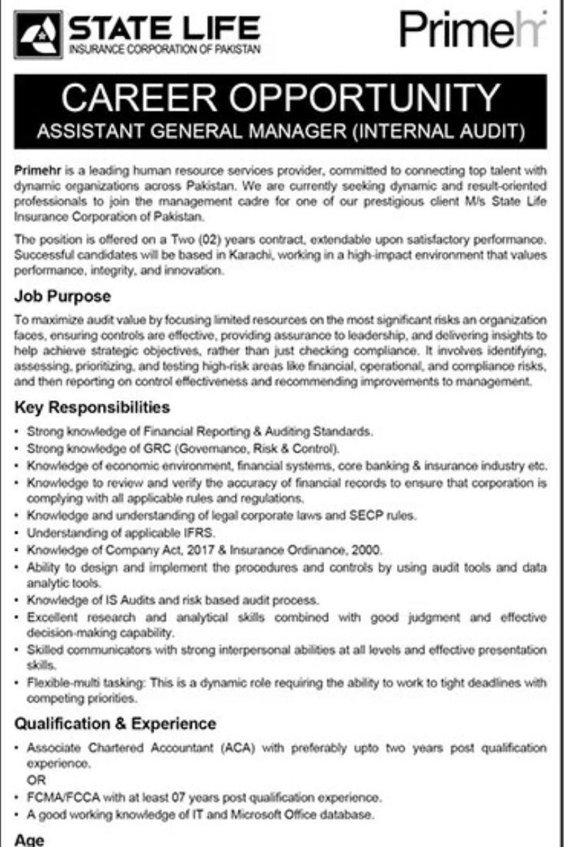 State Life Insurance Corporation of Pakistan has announced new career opportunities for the position of Assistant General Manager